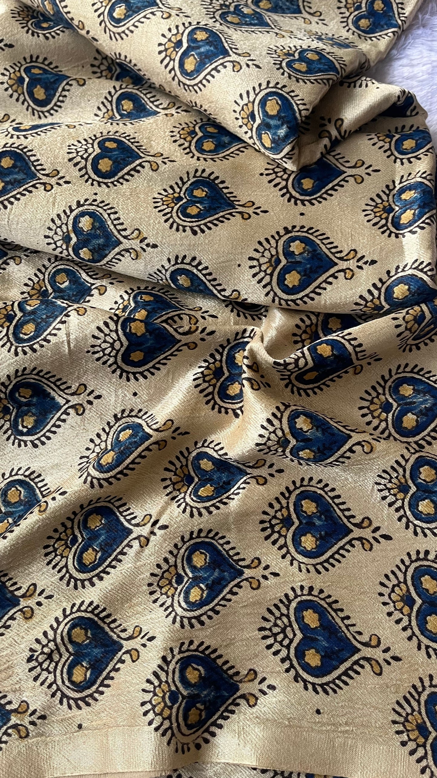 Cream Pan Motif Ajrakh Mashru Silk fabric