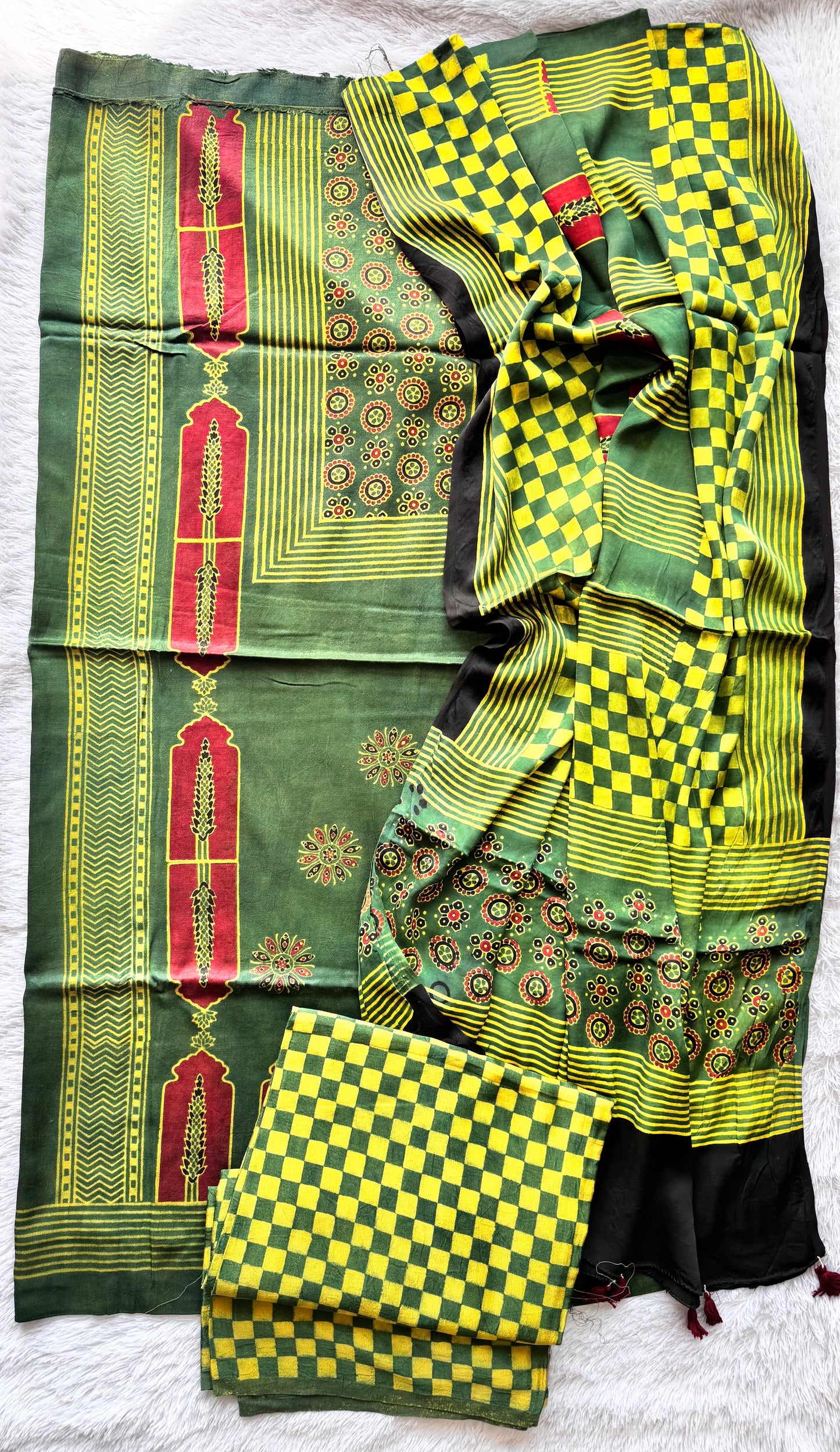 Green Minaar Motif Ajrakh Hand Block Print Mashru Silk 3 pc Suit Material with Modal Silk Dupatta