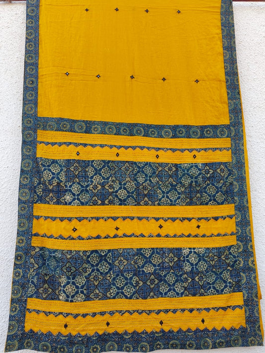 Yellow and Blue Ajrakh Patchwork Cotton Saree with Embroidery and Mirror Work