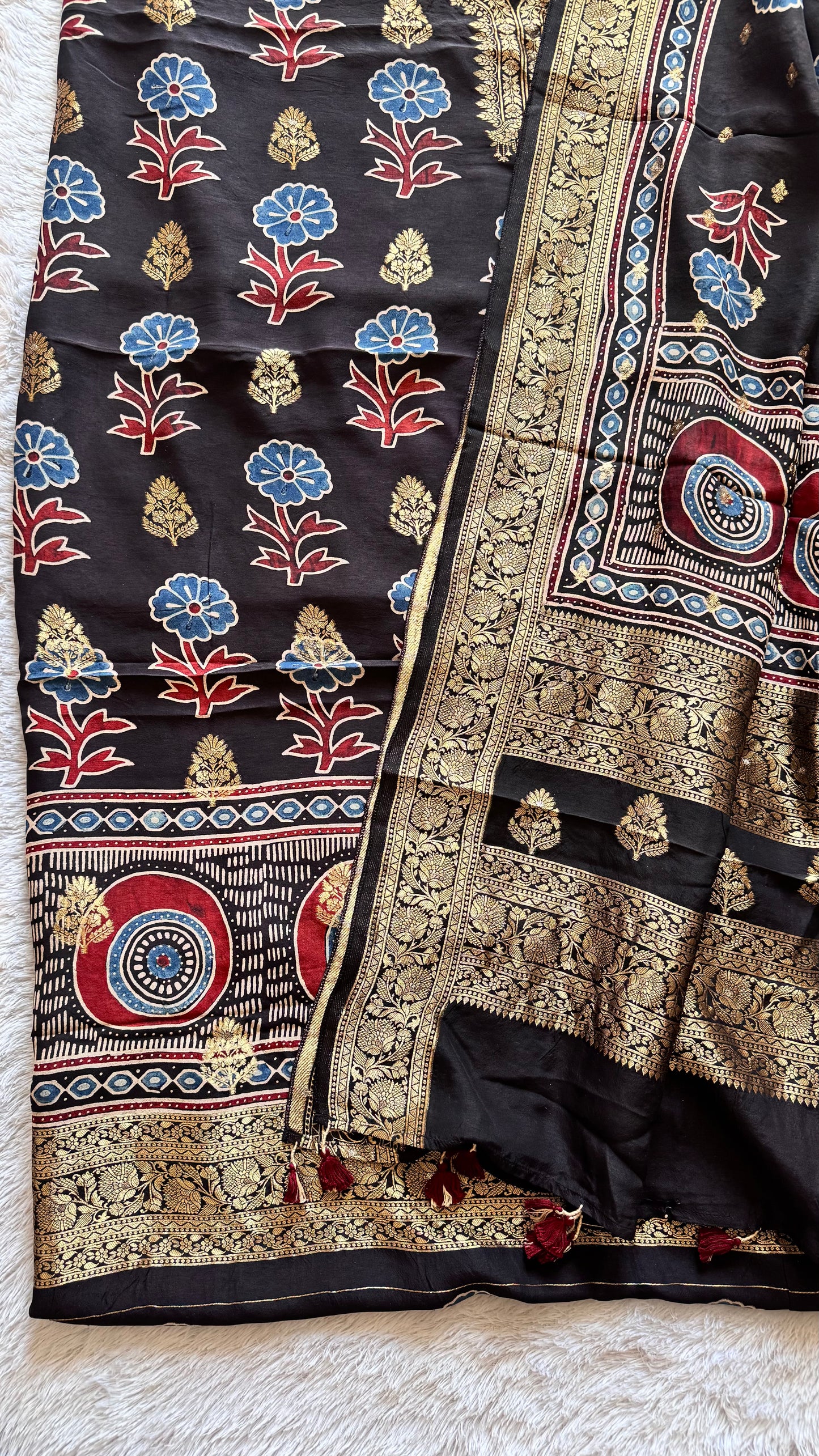 Black Floral Boota Pure Dola Silk Ajrakh Hand Block Print 2pc Suit Material Set with Zari Yoke and Nakkashi Dupatta