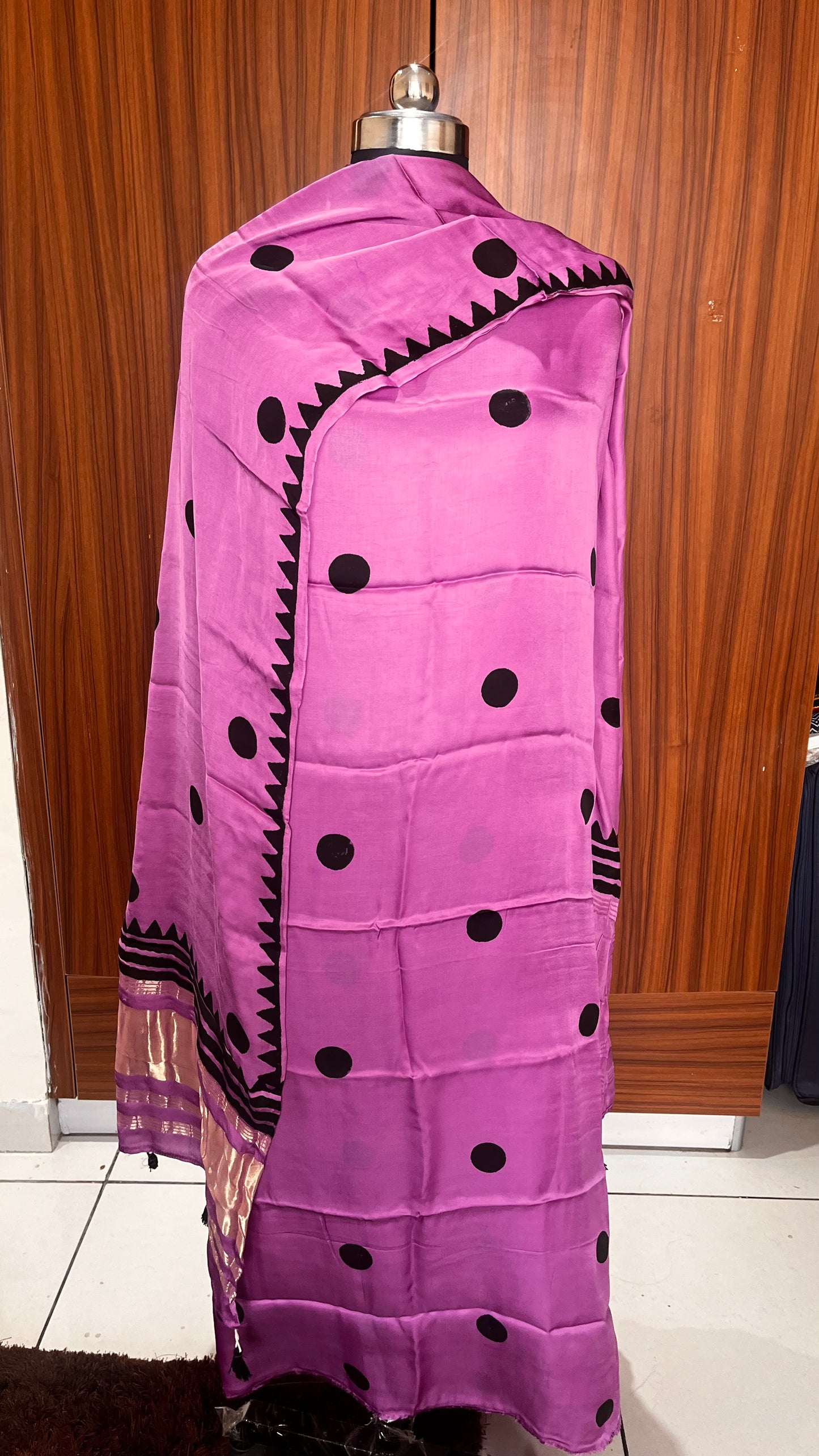 Lavender Polka Motif Pure Modal Silk 2pc Suit Set with Lagdi Patti Dupatta