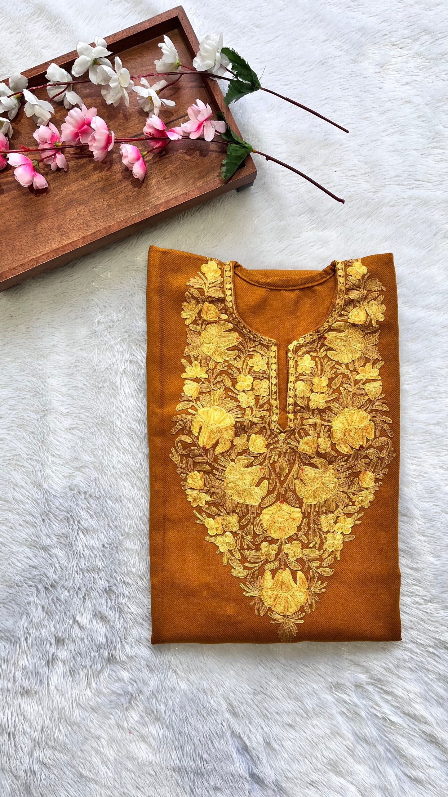 Mustard Shade with Matching Kashmiri Aari Work Full Embroidered Pheran with Pockets