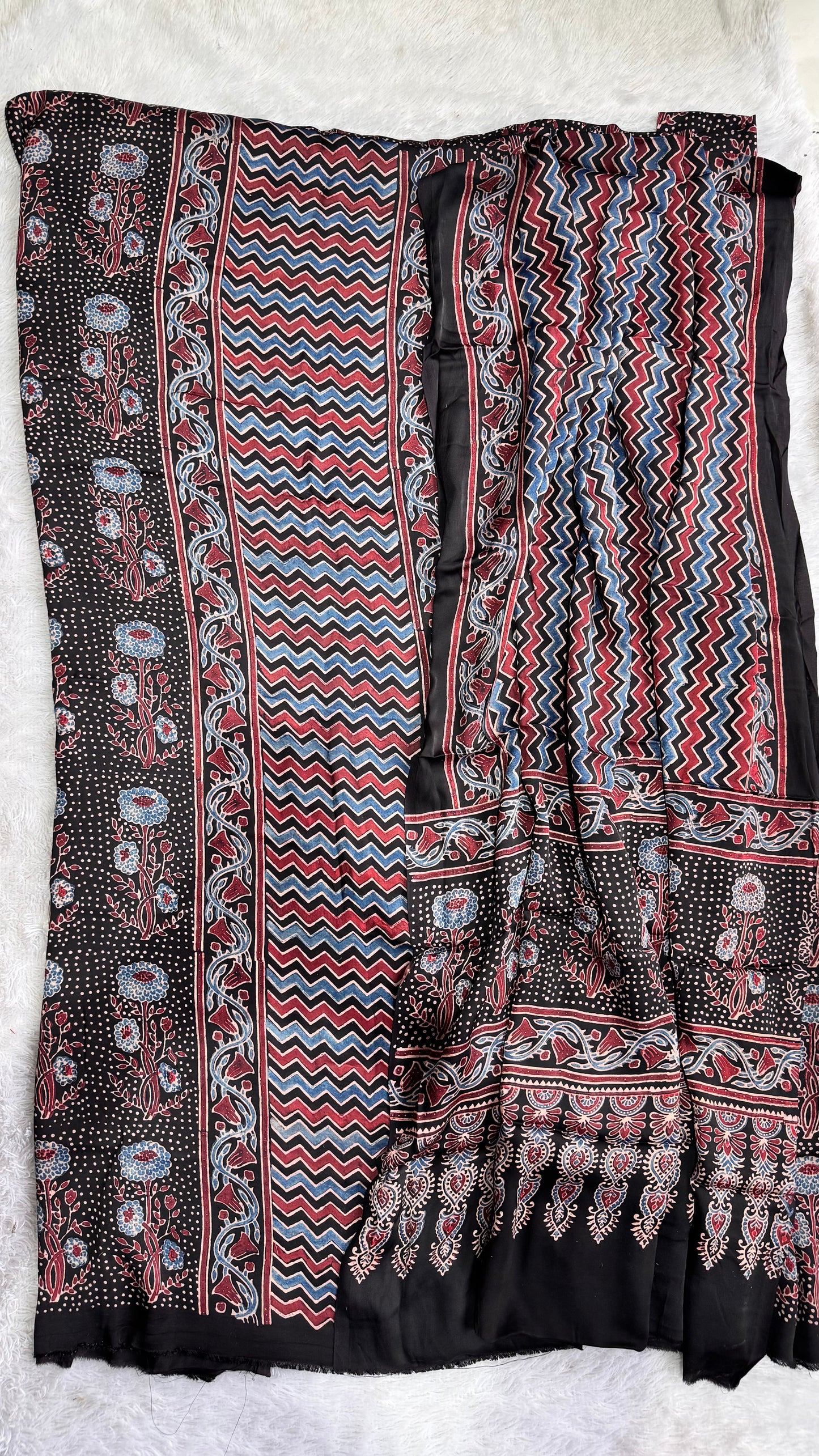 Black Zigzag and Mugal Motif Modal Silk Hand Block Print 2pc Suit Material Set