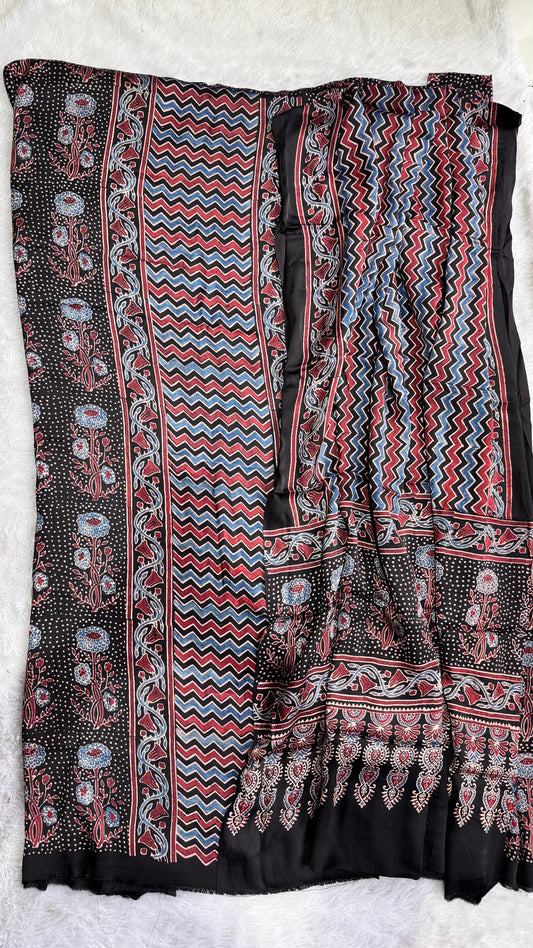 Black Zigzag and Mugal Motif Modal Silk Hand Block Print 2pc Suit Material Set