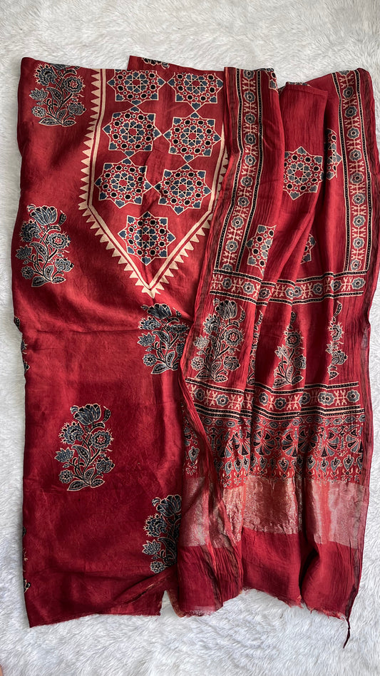 Maddar Red Royal Buta Motif Chanderi Silk Suit set with Ajrakh Hand Block Printing