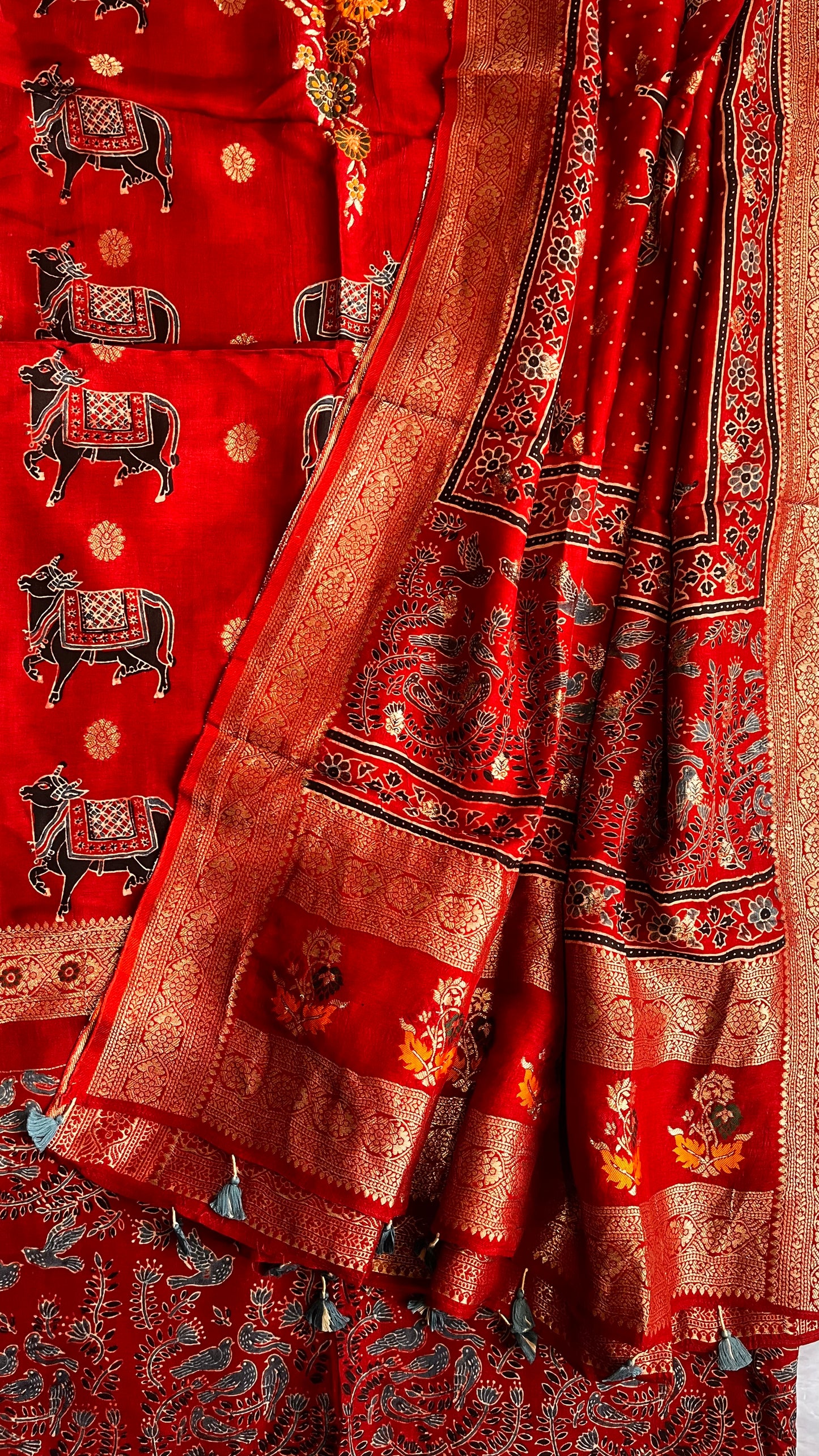 Deep Red Kamdhenu Boota Pure Dola Silk Ajrakh Hand Block Print 2pc Suit Material Set with Menakari Yoke and Nakkashi Dupatta