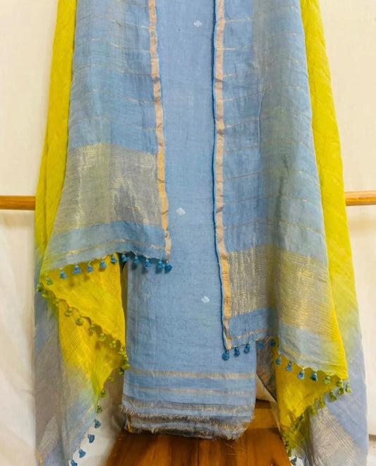 Aqua Blue Dual toned Unstitched Pure Linen on Linen Jamdaani Daman 2 pc Suit Set