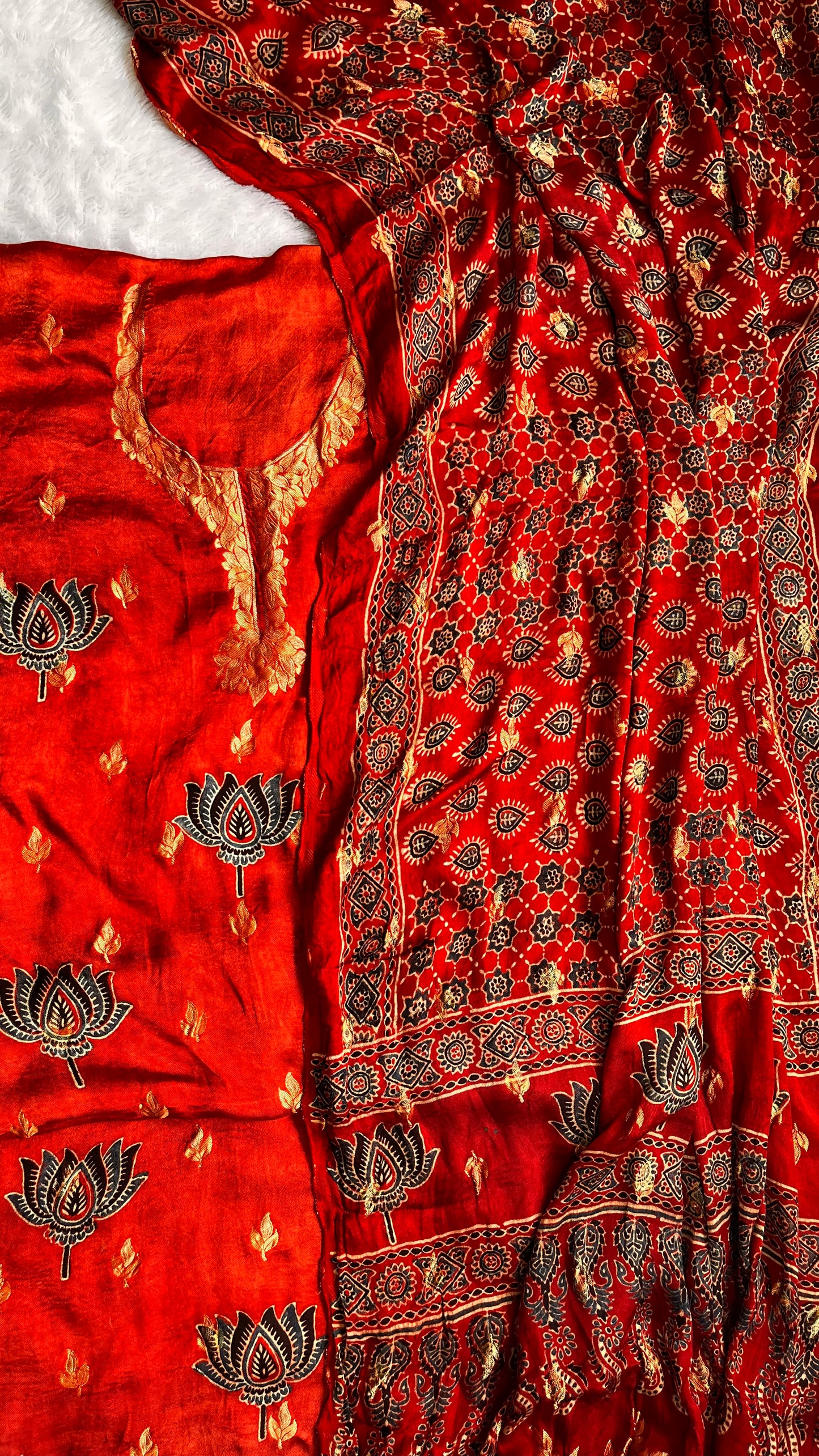 Ravishing Red Ajrakh Dola Silk Hand Block Print 2 pc Suit Material Set with Nakkashi Border
