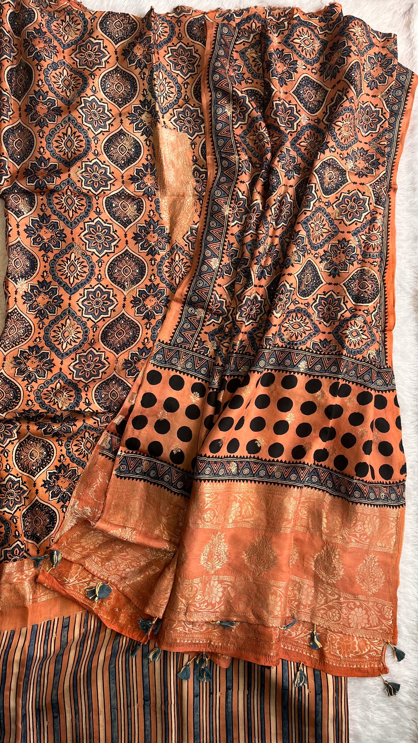 Saffron Shafe Badaam Boota Pure Dola Silk Ajrakh Hand Block Print 2pc Suit Material Set with Menakari Yoke and Nakkashi Dupatta