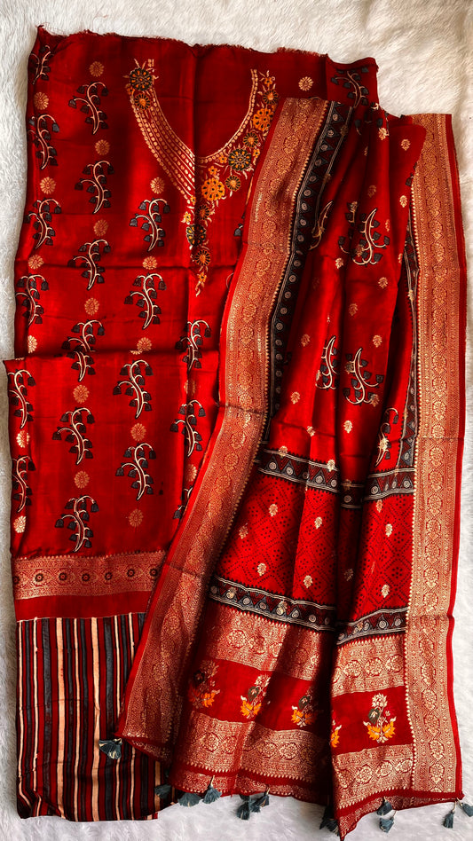 Deep Red Floral Boota Pure Dola Silk Ajrakh Hand Block Print 2pc Suit Material Set with Menakari Yoke and Nakkashi Dupatta