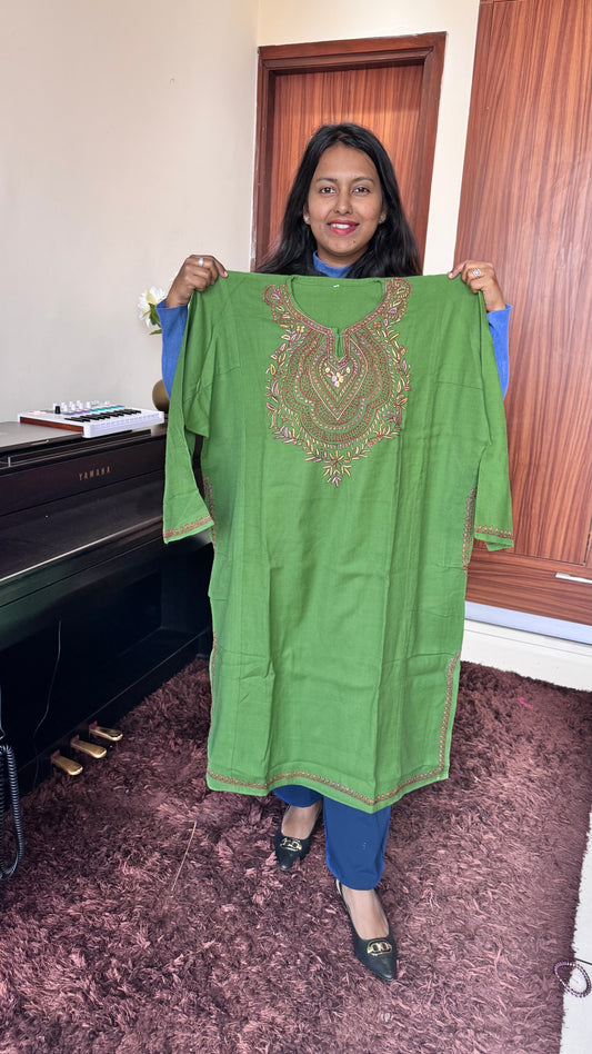 Kairi Green Shade Sozni Hand Embroidered Pure Marino Wool Kashmiri Pheran with Pockets and Hand Embroidered Sleeves (Size 58”)