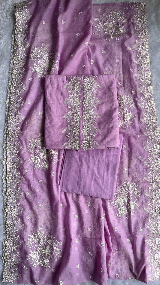 Magical Mauve Pure Mul Chanderi 3 pc Suit Set with Embroidery on Yoke and Heavy Embroidered Dupatta