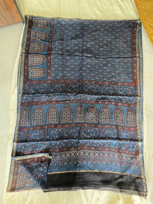 Indigo Small Booti Motif Ajrakh Handblock Printed Kota Saree with Zari and Tassels