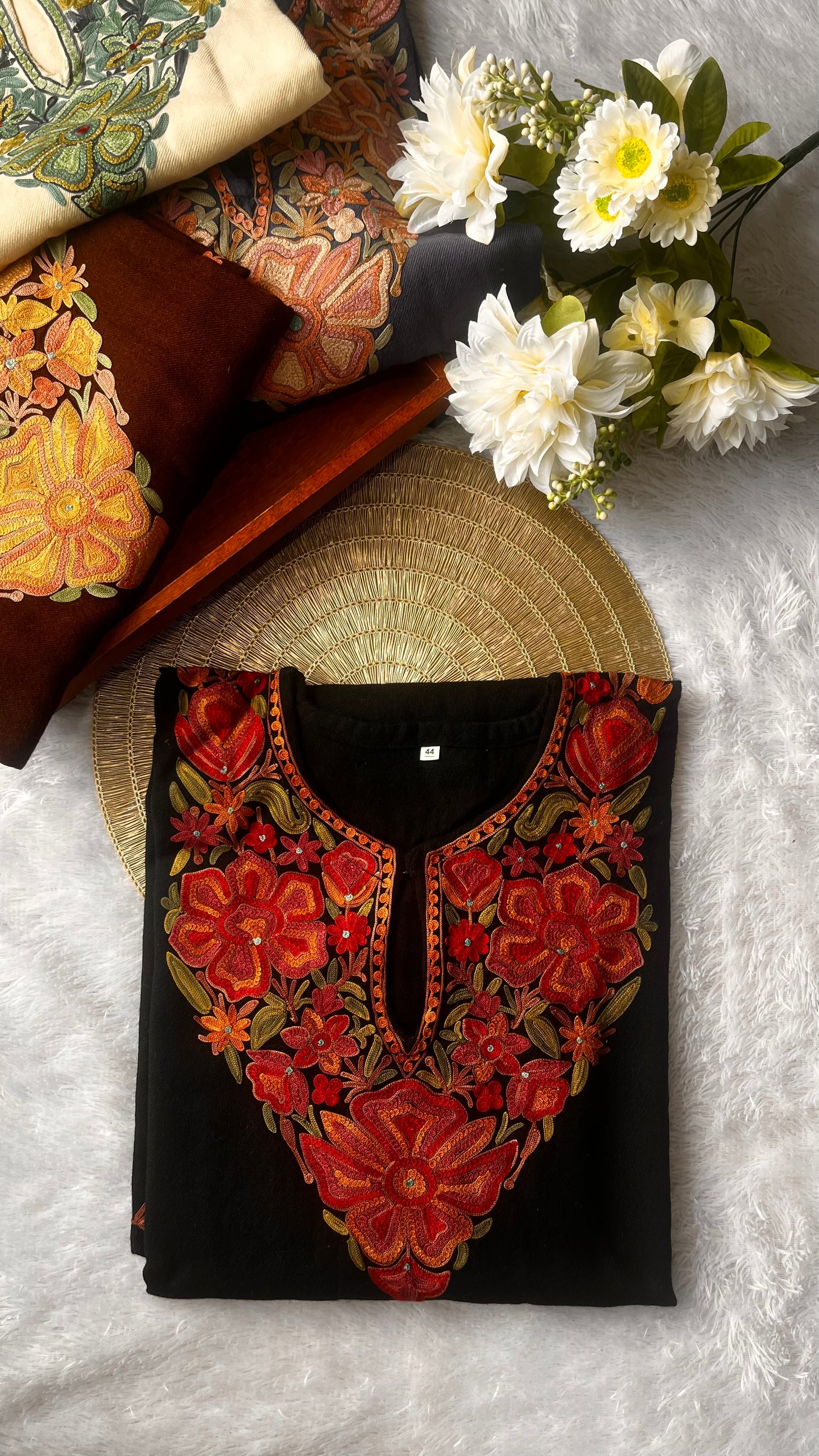 Majestic Black Hand Embroidered Pure Marino Wool Pheran with Pockets