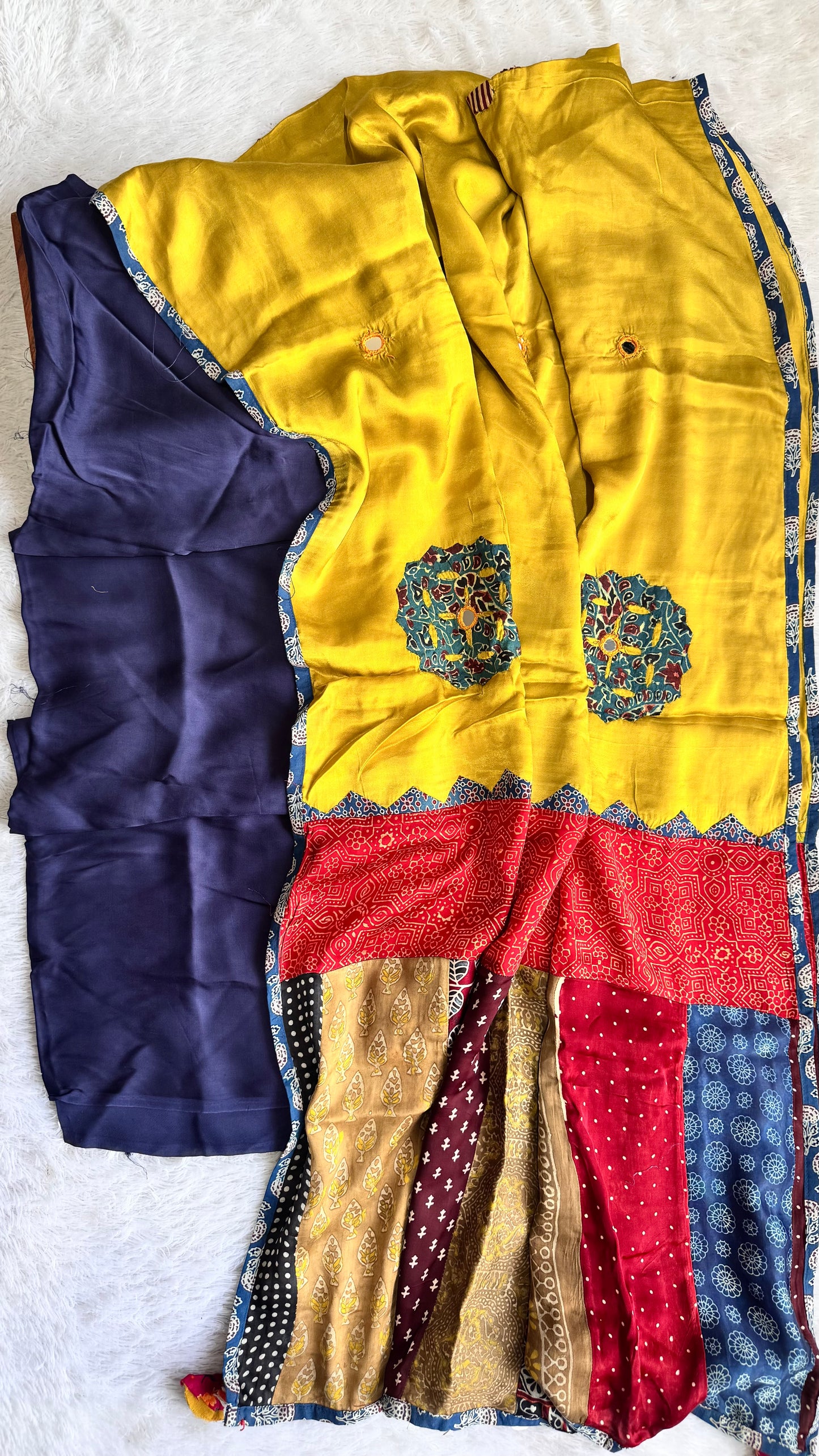 Navy Blue Solid Shade Modal Silk Suit Material with Mustard Modal Silk Applique Work Dupatta