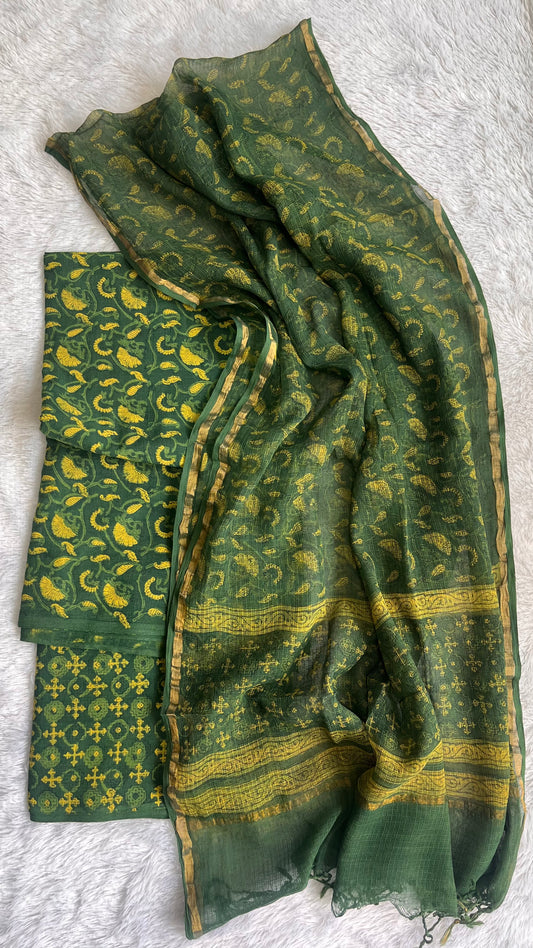 Akola Green and Yellow Flower Boota Pure Cotton Suit Set with Kota Doria Dupatta