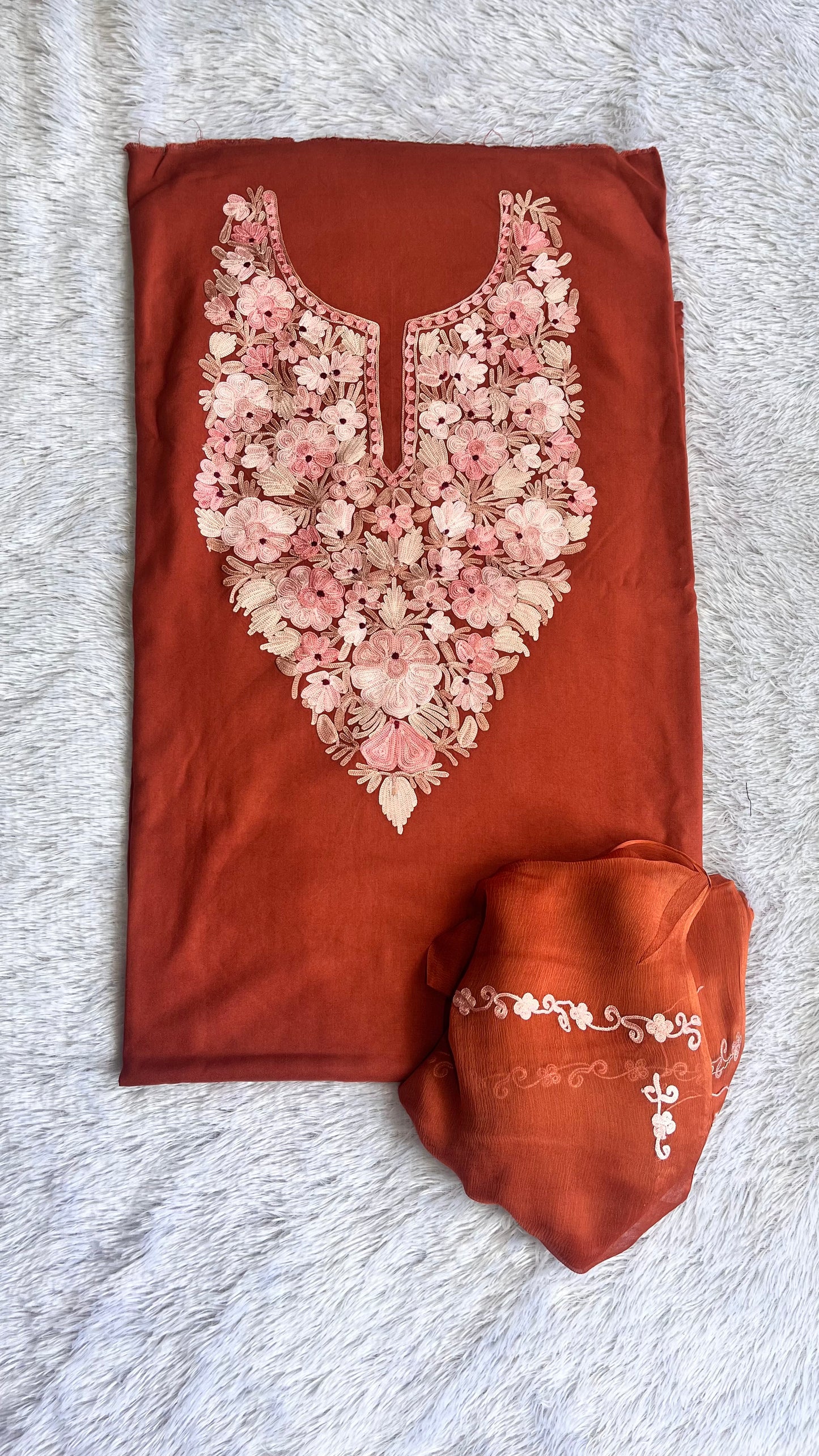 Caramel Shade Muslin Cotton Kashmiri Aari Embroidered 3pc Suit Set