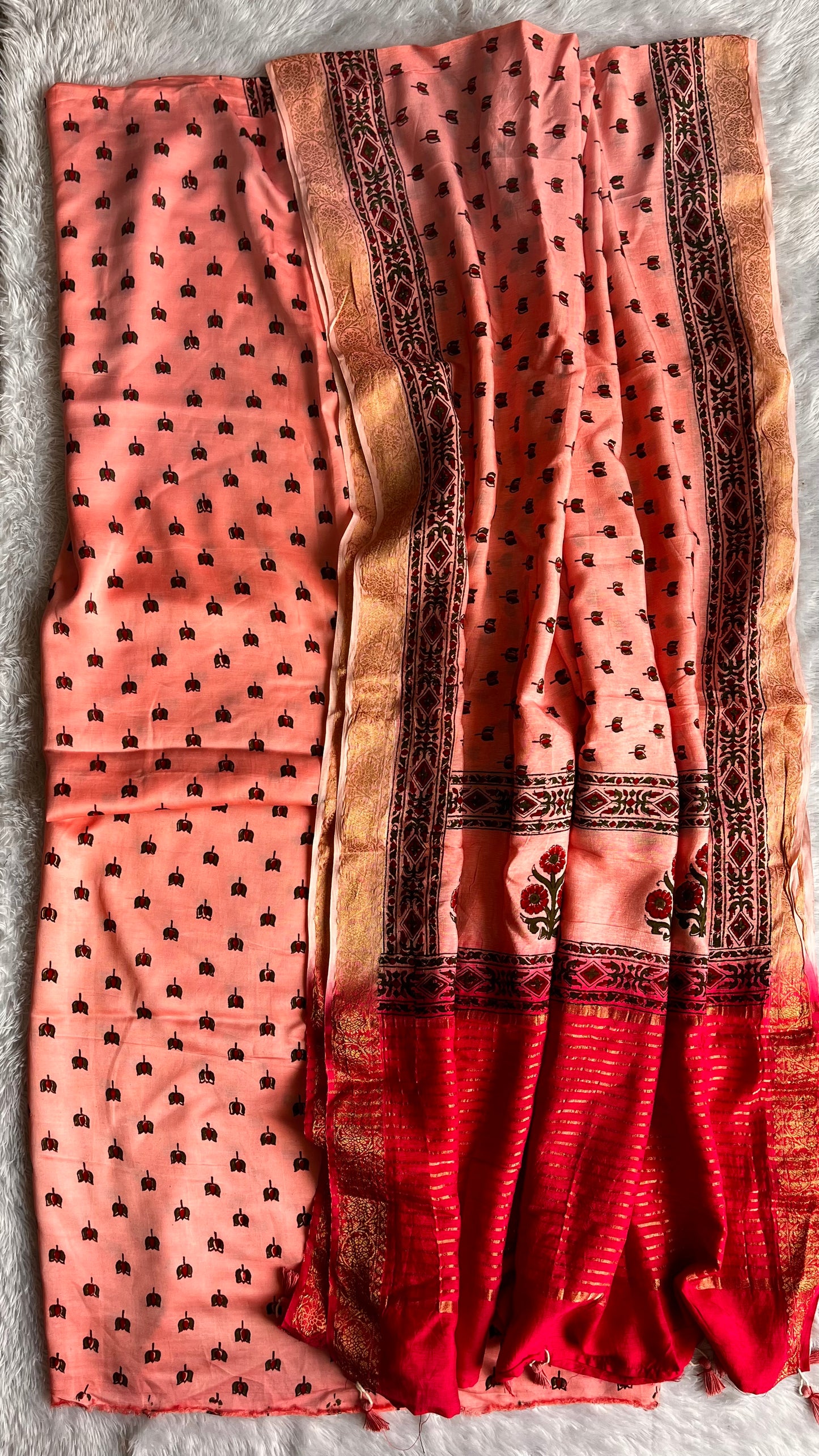 Pink Candyfloss Kamal Buti Motif Modal Silk Ajrakh Hand Block 2 pc Suit Set with Dola Silk Dual Toned Dupatta