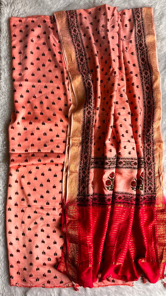 Pink Candyfloss Kamal Buti Motif Modal Silk Ajrakh Hand Block 2 pc Suit Set with Dola Silk Dual Toned Dupatta