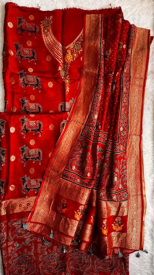 Deep Red Kamdhenu Boota Pure Dola Silk Ajrakh Hand Block Print 2pc Suit Material Set with Menakari Yoke and Nakkashi Dupatta