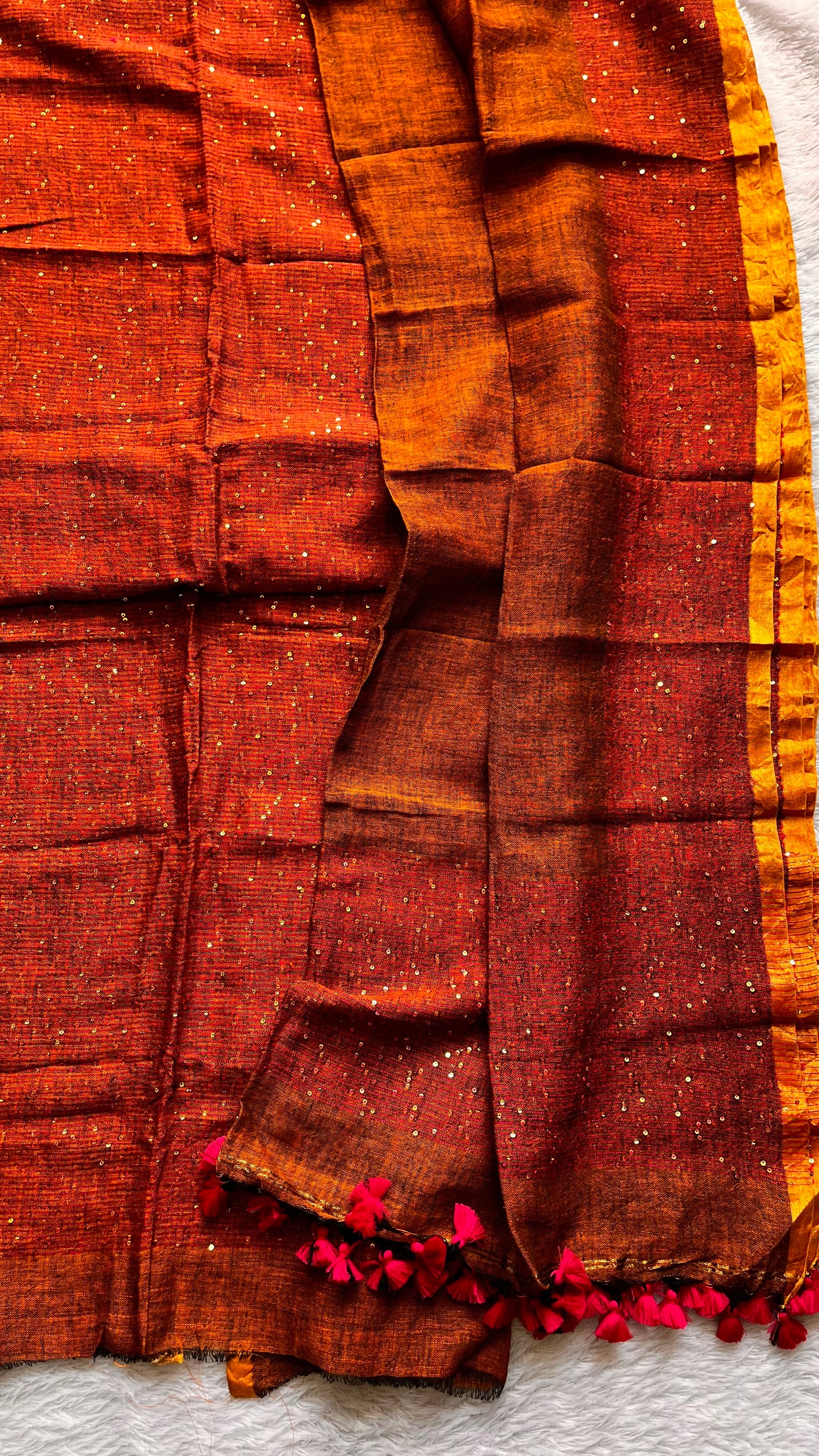 Dark Cocoa Shade Pure Linen on Linen Hand Woven Suit Set with Sequins Work and Tassels