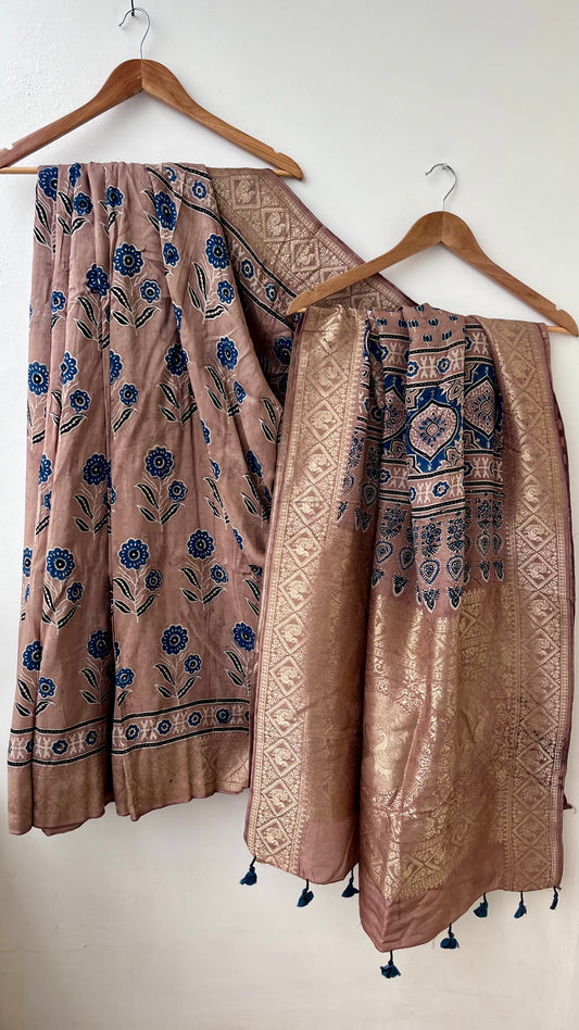 Earthen Shade Flower Buta Motif Ajrakh Hand Block Dola Silk Saree with Zari Pallu (With Blouse)