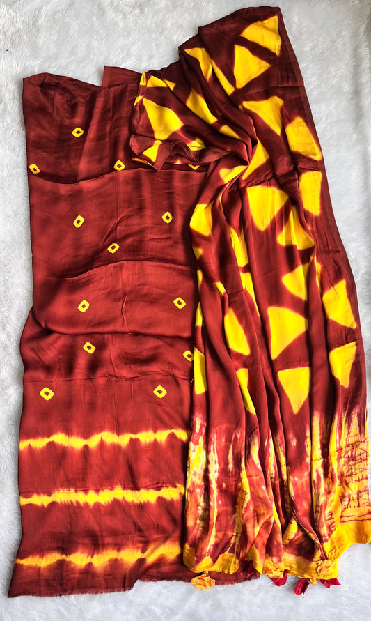 Brown and Mustard Natural Clamp Dyed Print Modal Silk Hand Block Print 2pc Suit Material