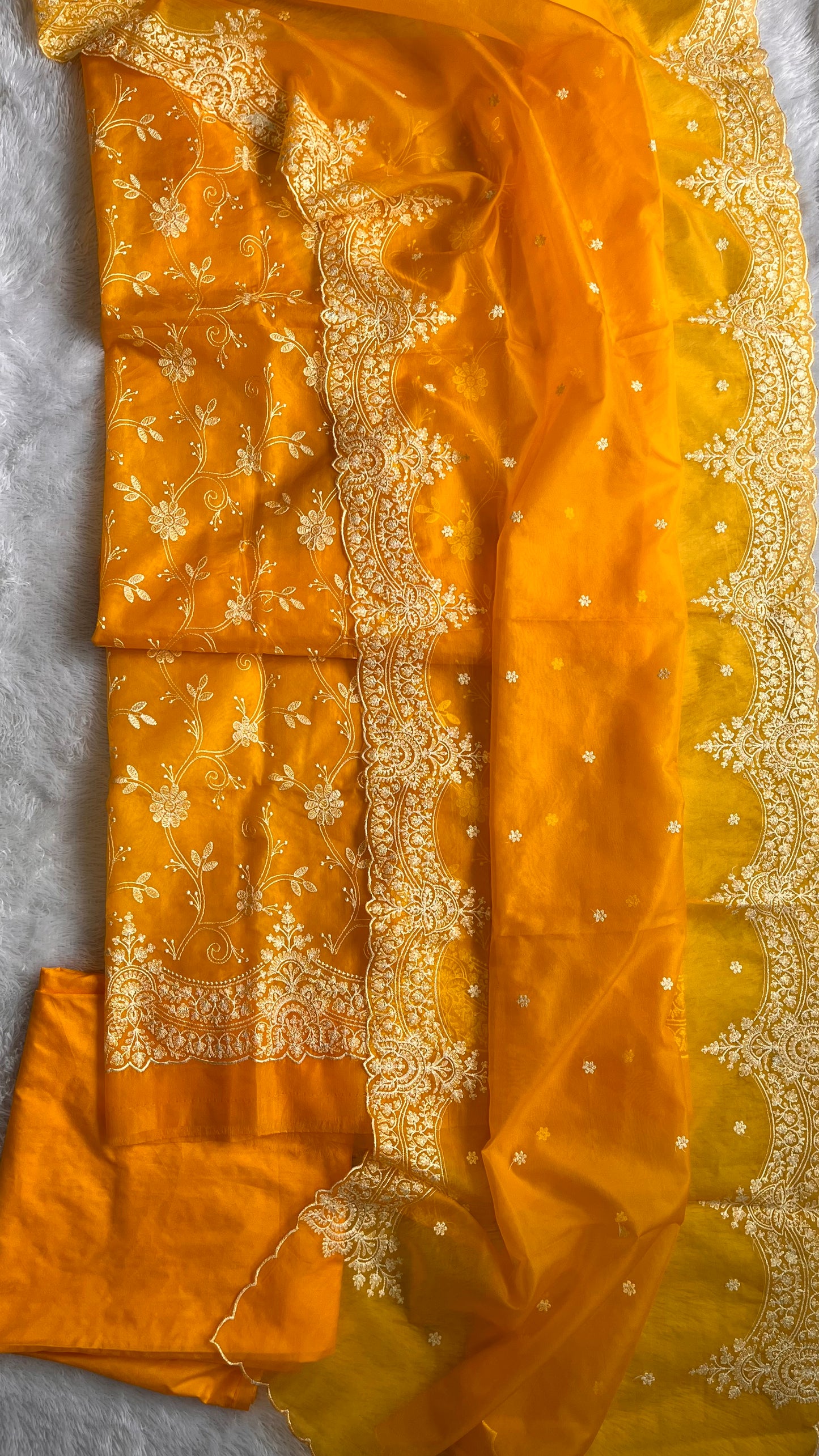 Aamras Shade Banarasi Tissue Silk 3-Piece Suit with Threadwork & Organza Dupatta