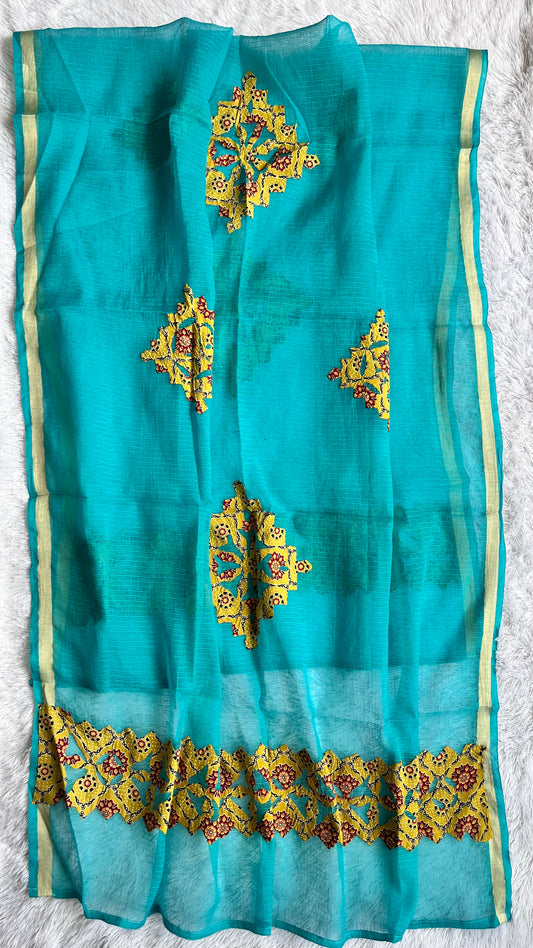 Sky Blue Kota Doria Dupatta with Mustard Ajrakh Applique Patchwork