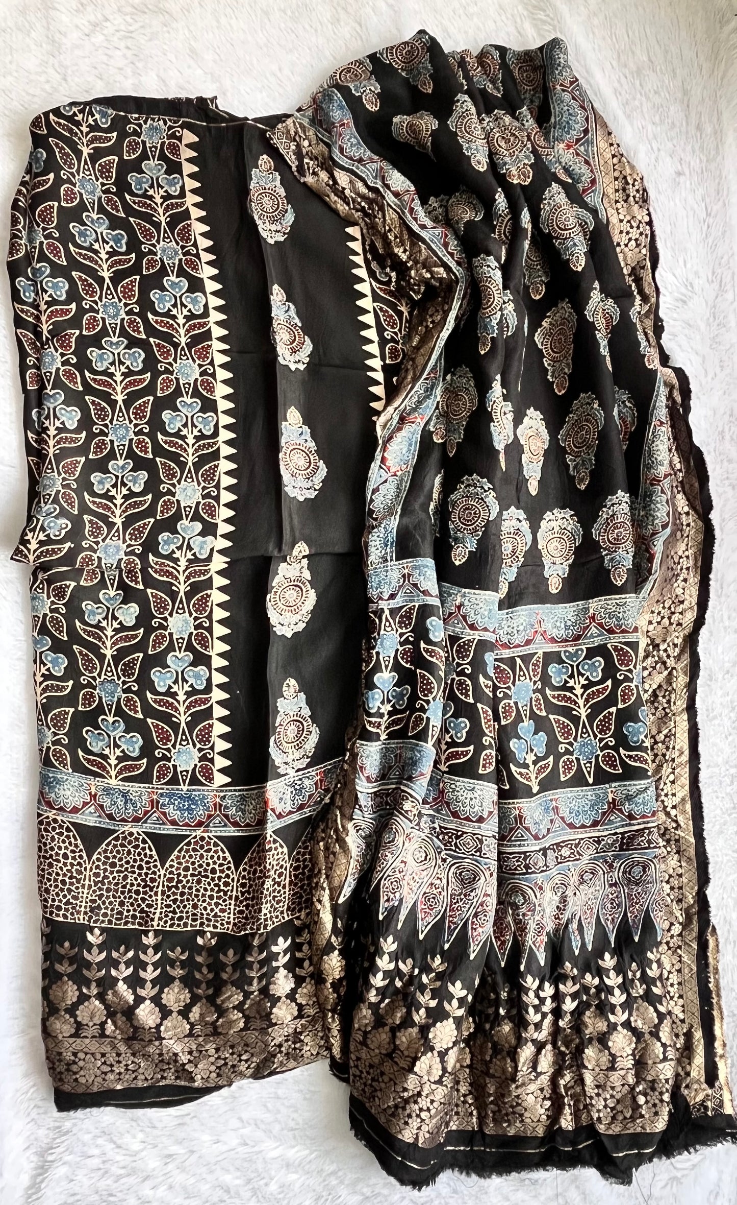 Black Kamal Buti Motif Dola Silk Ajrakh Hand Block Print 2pc Suit Set with Heavy Nakaashi Border