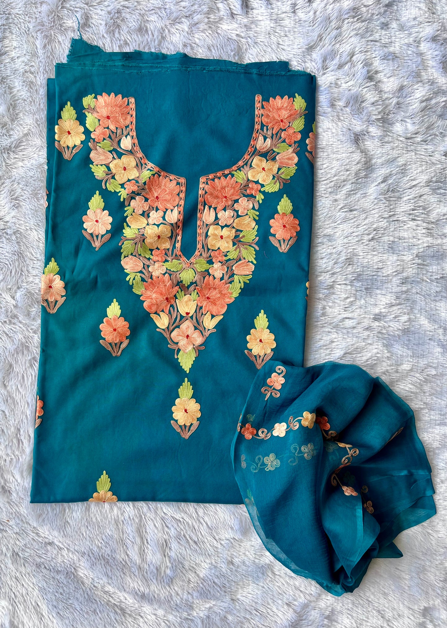 Rama Green Muslin Cotton Kashmiri Aari Full Embroidered 3pc Suit Set