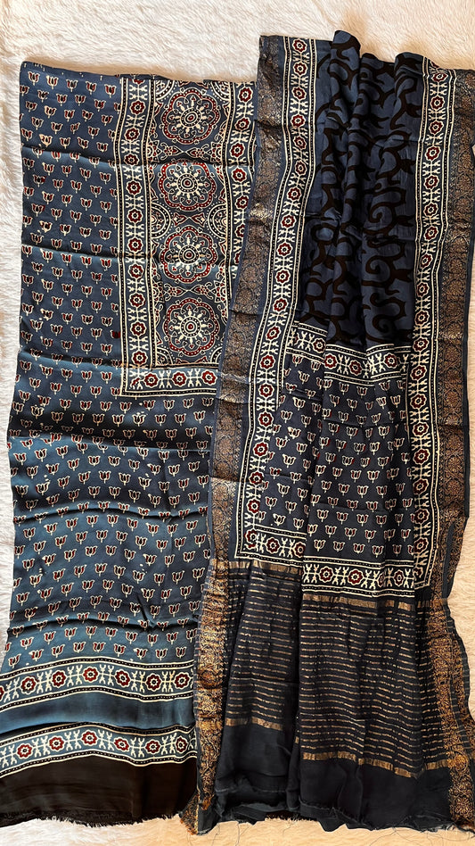 Blue Kamal Buti Ajrakh Pure Modal Silk 2pc Suit Material with Dola Silk Dupatta