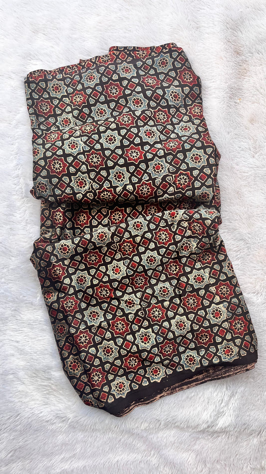 Black Choti Jaali Motif Ajrakh Mashru Silk fabric