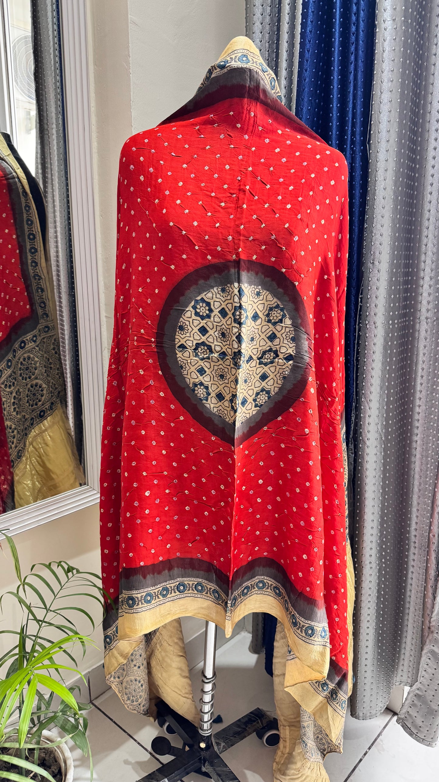 Rust Orange Multi Dotted Modal Silk Bandhani Ajrakh Lagdi Patti Dupatta