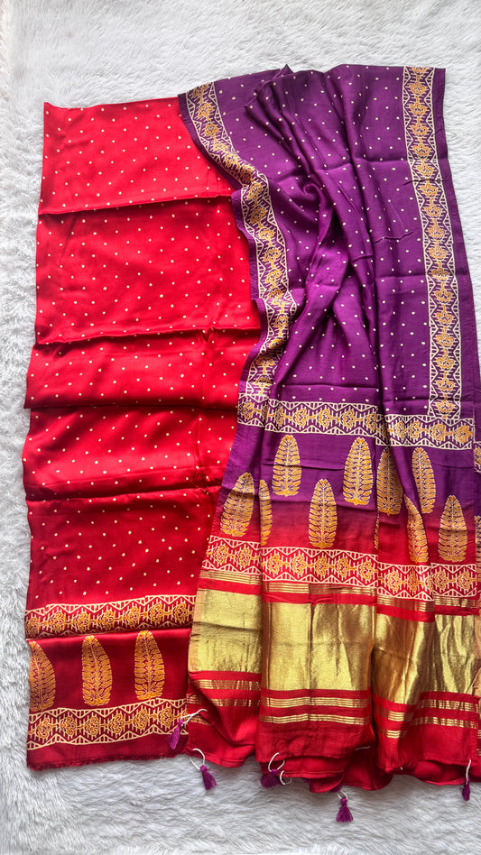 Red and Purple Buta Motif Modal Silk Hand Block Print 2pc Suit Material Set with Lagdi Patti Dupatta
