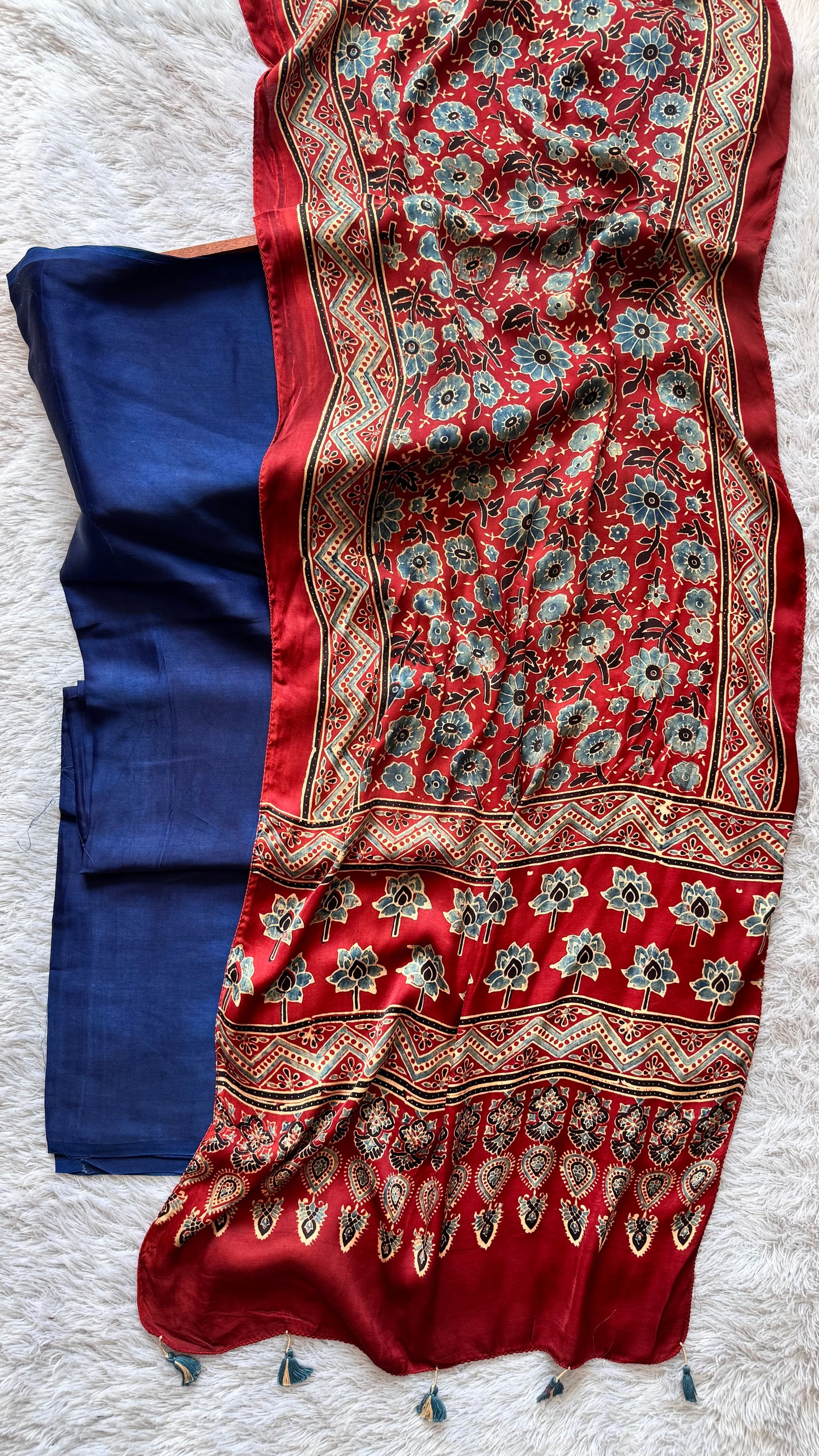 Solid Blue Shade Modal Silk Suit Material with Ajrakh Modal Stole with Tassels