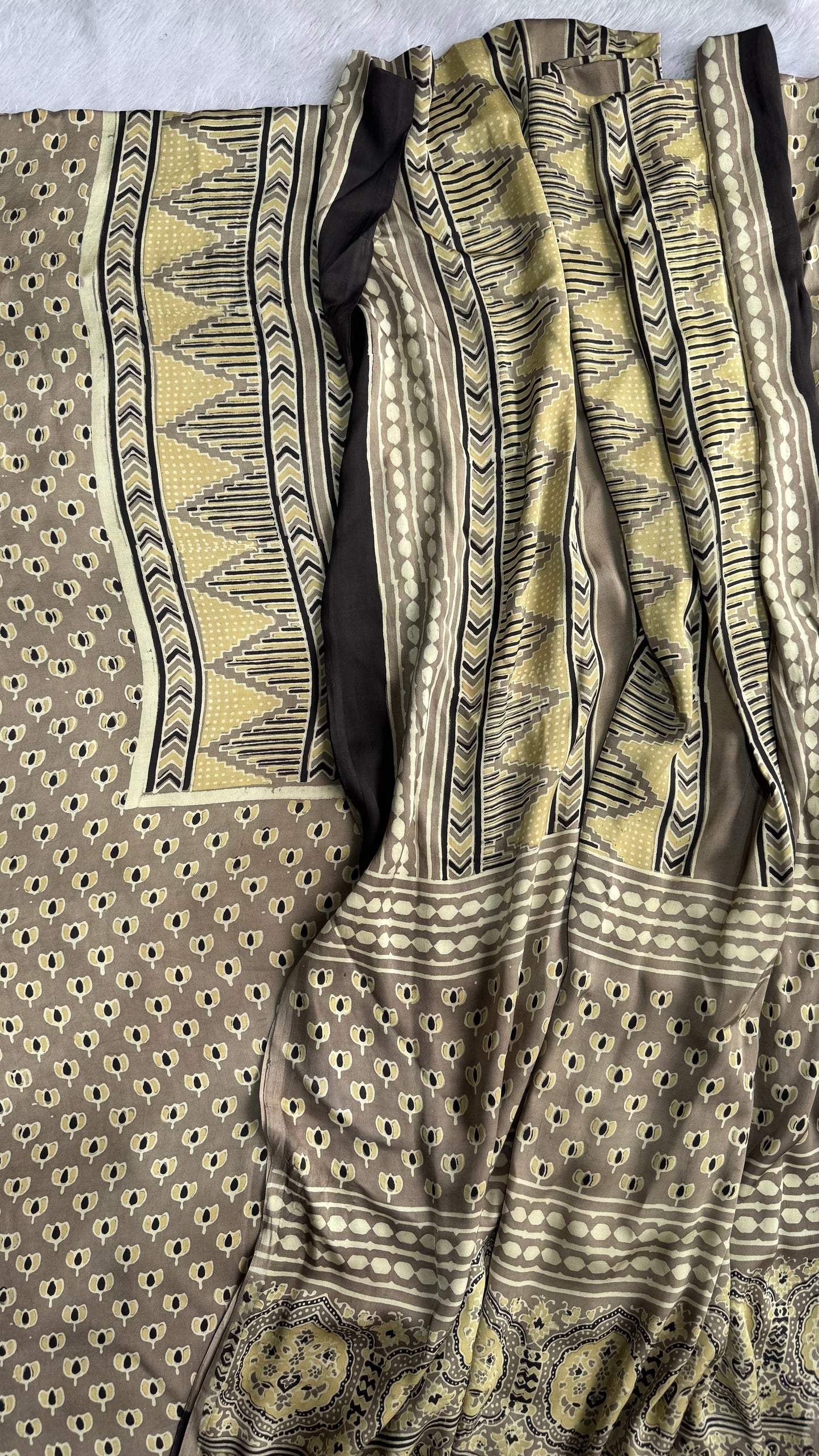 Earthy Beige Kamal Print Modal Silk Ajrakh Natural Dyed Hand Block Print 2pc Suit Material Set