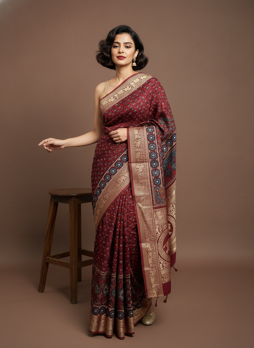 Maroon Small Booti Dola Silk Zari Pallu Saree With Blouse