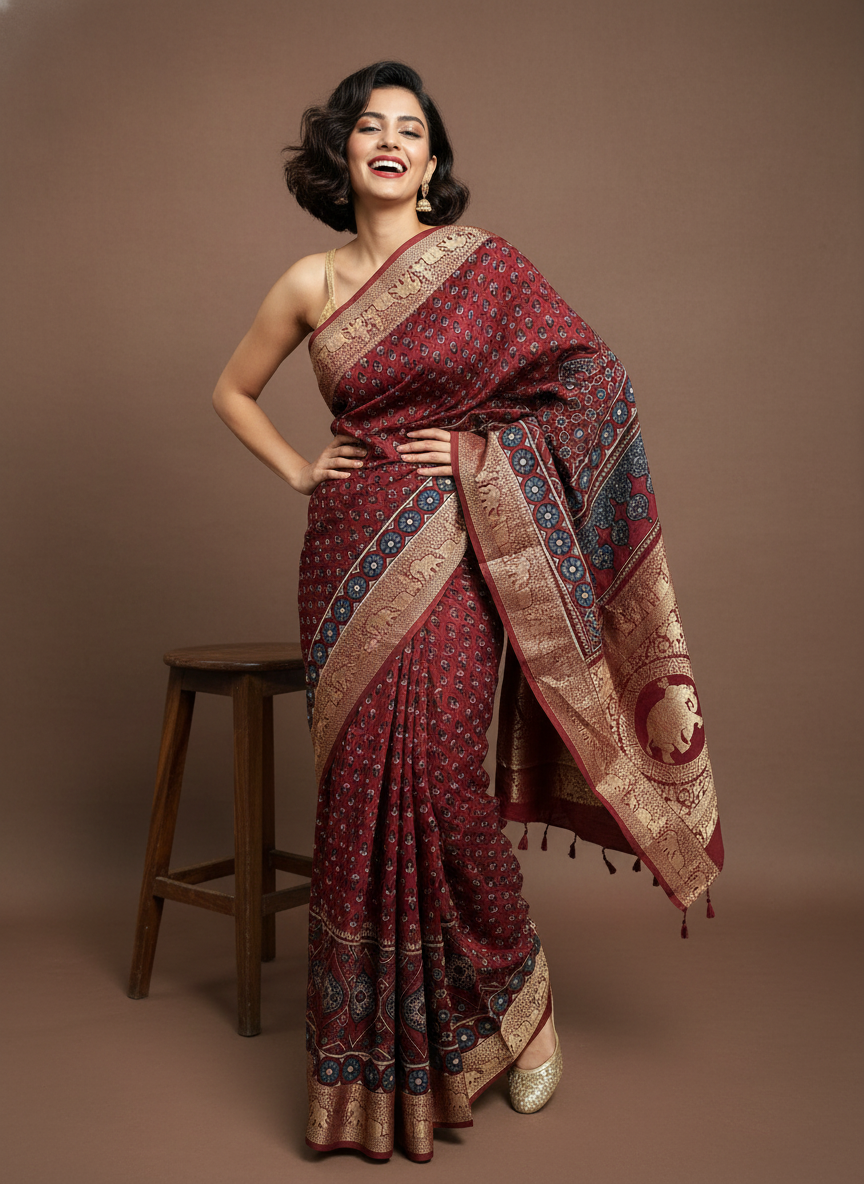 Maroon Small Booti Dola Silk Zari Pallu Saree With Blouse