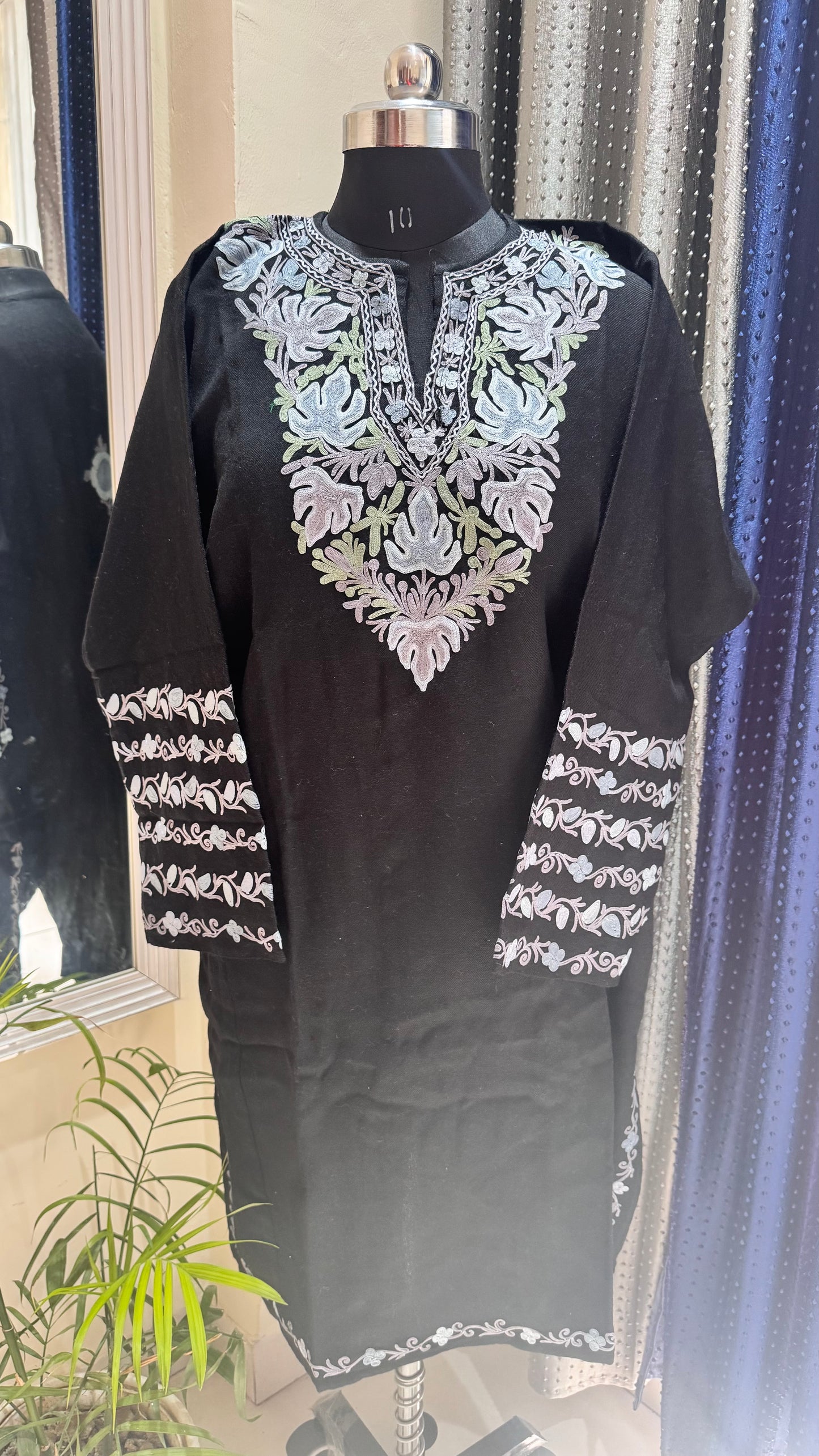 Jet Black Chinar Hand Embroidered Pure Marino Wool Kashmiri Pheran with Pockets and Hand Embroidered Sleeves (Size 52”)