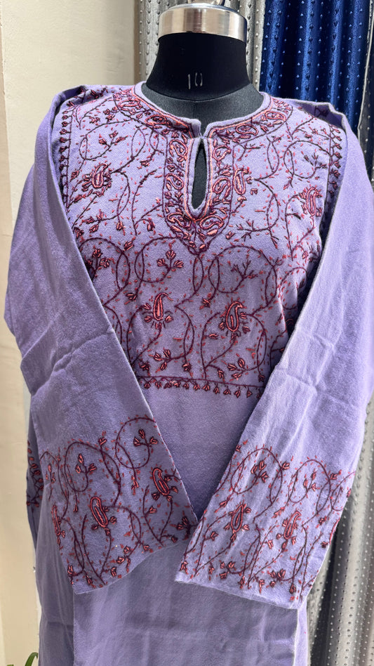 Off White Sozni Hand Embroidered Pure Marino Wool Kashmiri Pheran with Pockets and Hand Embroidered Sleeves (Size 56”)