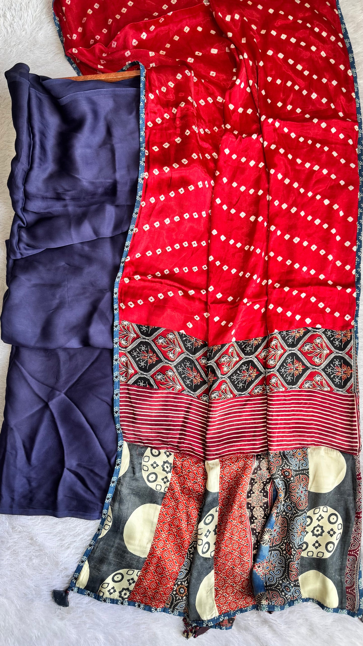 Royal Blue Solid Shade Modal Silk Ajrakh Hand Block Print 2pc Suit Material Set with Applique Work Dupatta