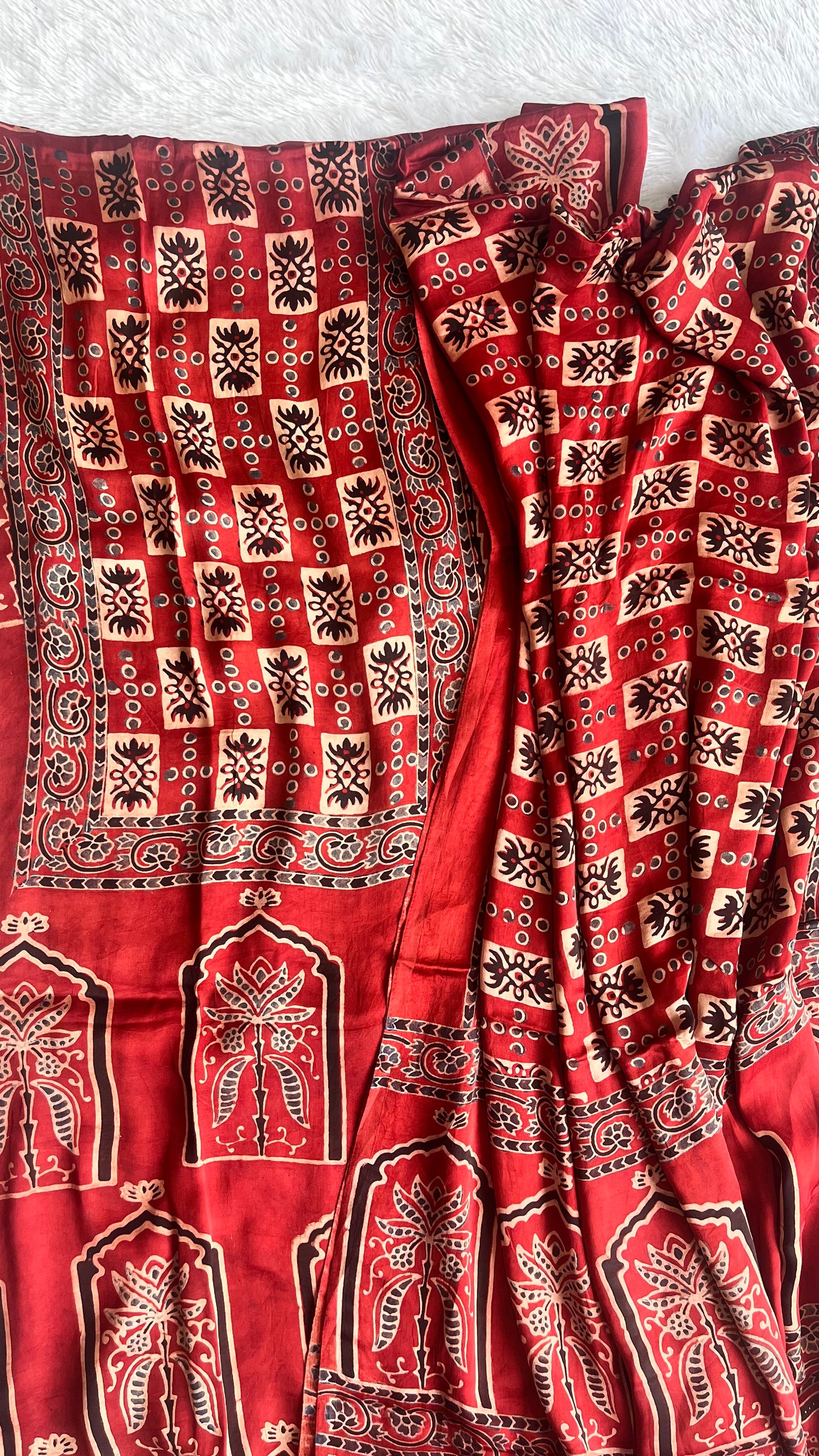 Ravishing Red Jharokha Modal Silk Hand Block Print 2pc Suit Material Set