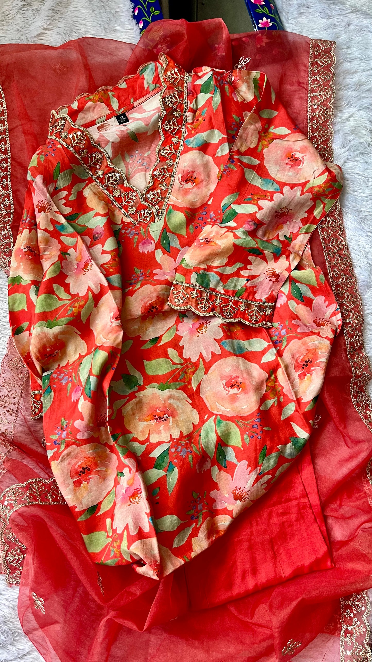 Flaming Orange Floral Print Pure Muslin Suit Set with Organza Dupatta