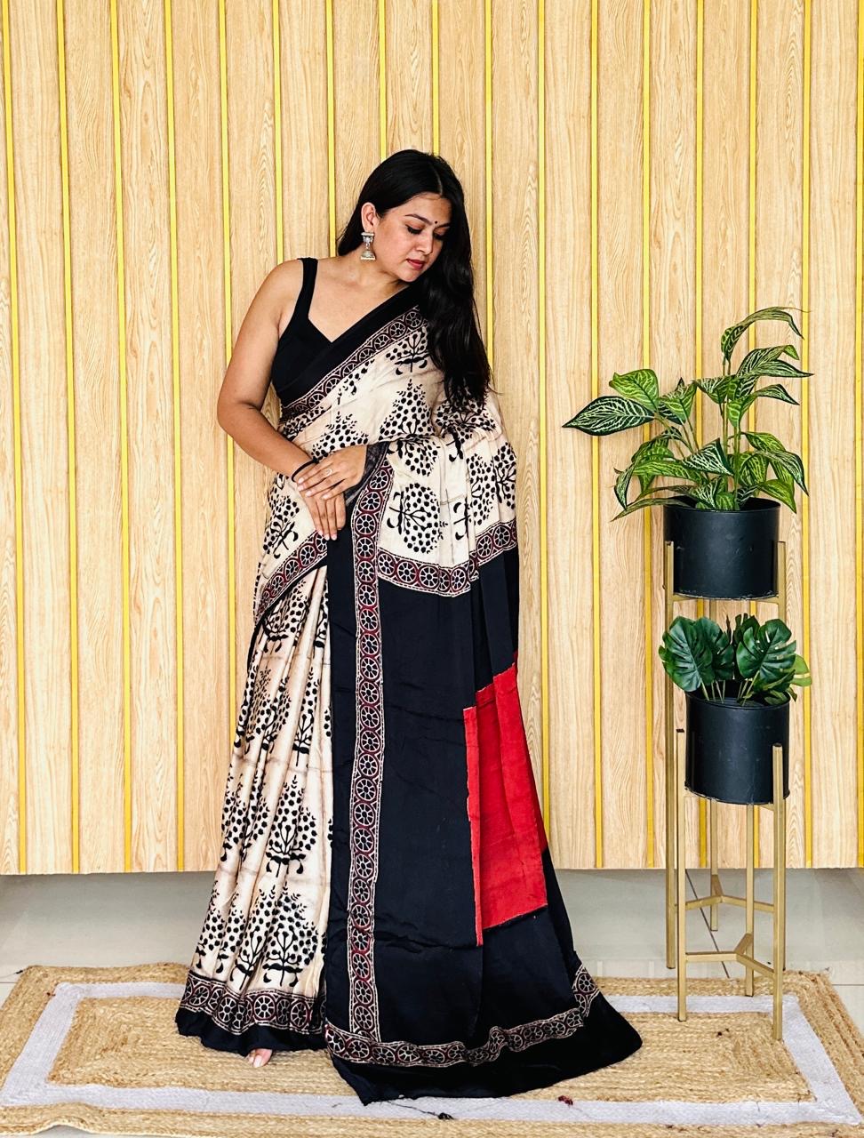 Meenakshi Ajrakh Hand Block Modal Silk Saree (Without Blouse)