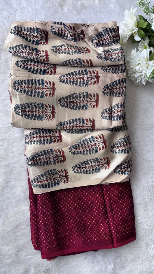 Off White and Red Asopallav Buti Ajrakh Mashru Silk Kurta Pant Fabric