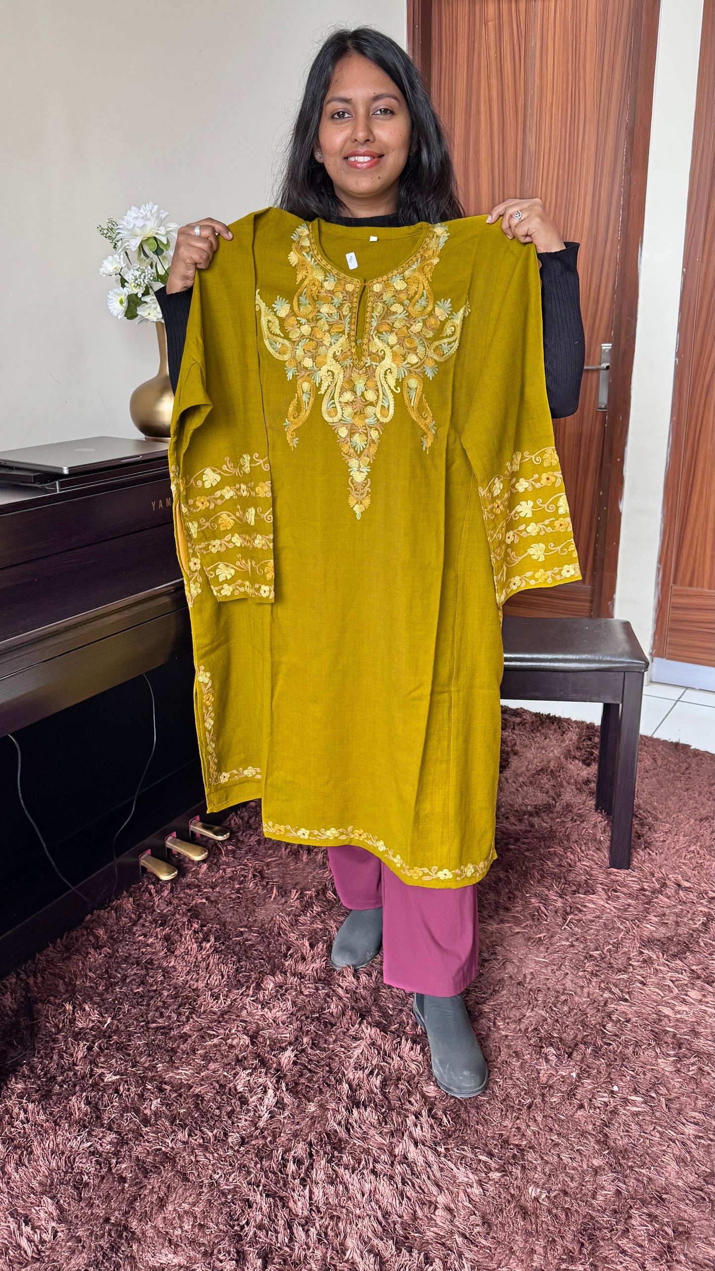 Mehendi Green Hand Embroidered Pure Marino Wool Kashmiri Pheran with Pockets and Hand Embroidered Sleeves (Size 52”)