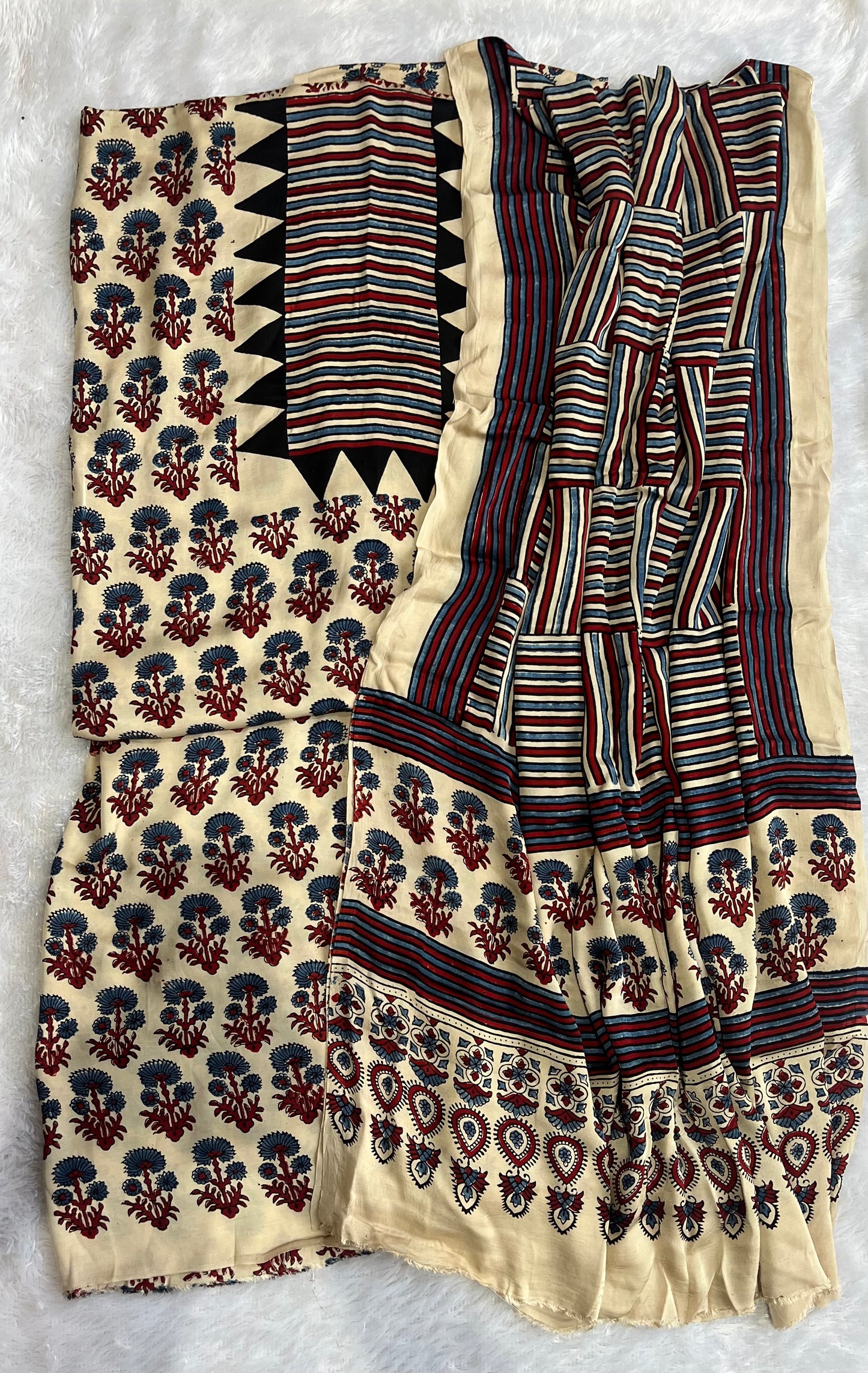 Off White Bada Buta Motif Modal Silk Ajrakh Natural Dyed Hand Block Print 2pc Suit Material Set