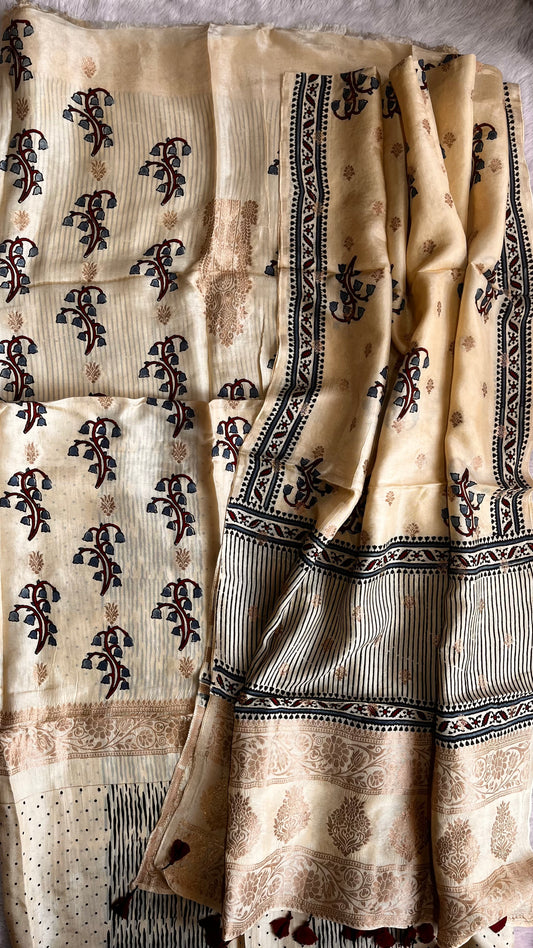 Off White Mugal Boota Pure Dola Silk Ajrakh Hand Block Print 2pc Suit Material Set with Menakari Yoke and Nakkashi Dupatta