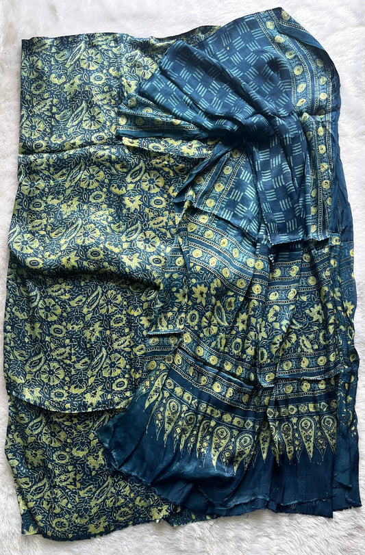 Indigo Asopalav Inspired Print Modal Silk Ajrakh Natural Dyed Hand Block Print 2pc Suit Material Set